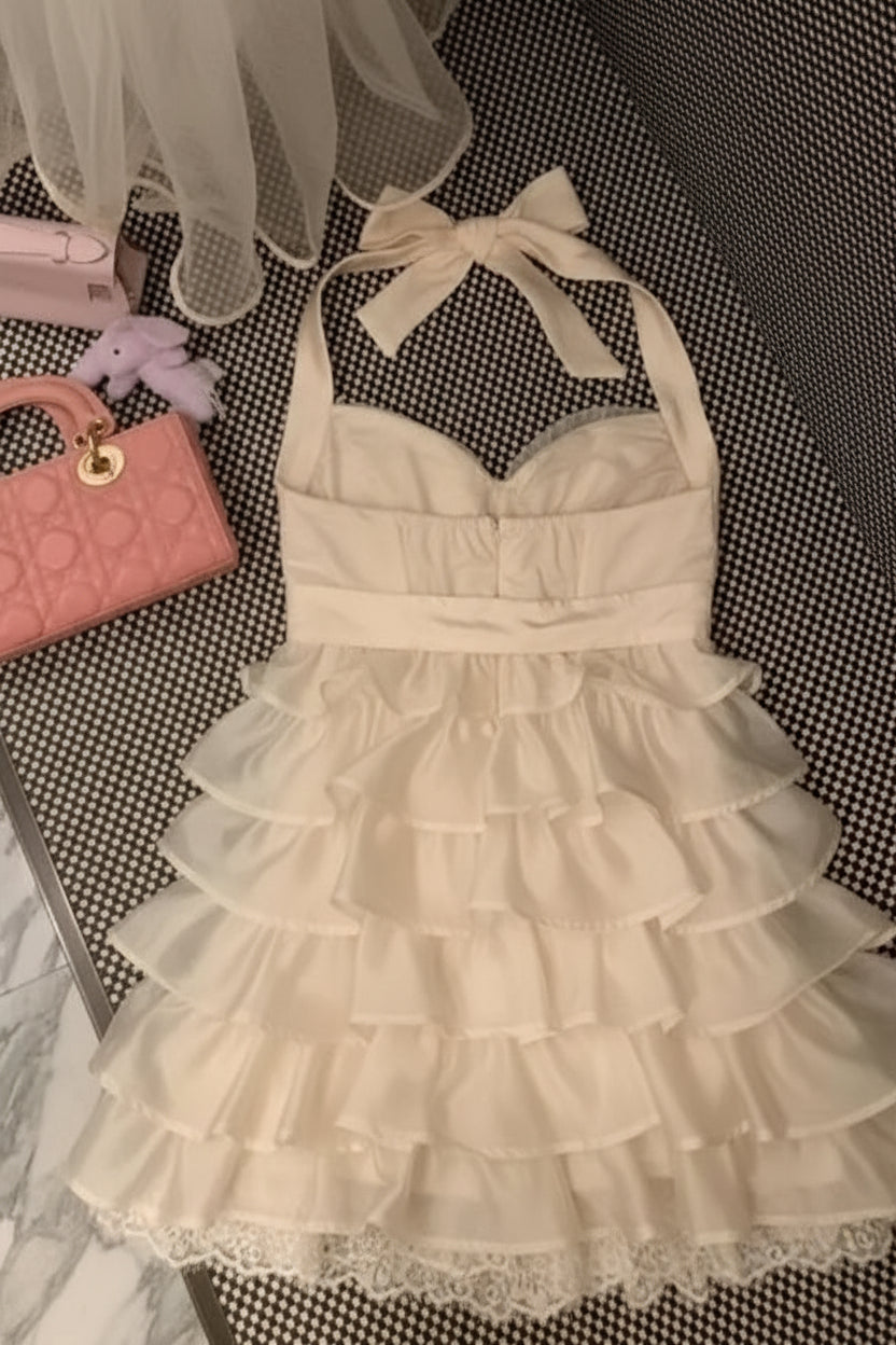 Lovely A-Line Halter Tiered Ruffle Bow-Accented Cream Mini Homecoming Dress