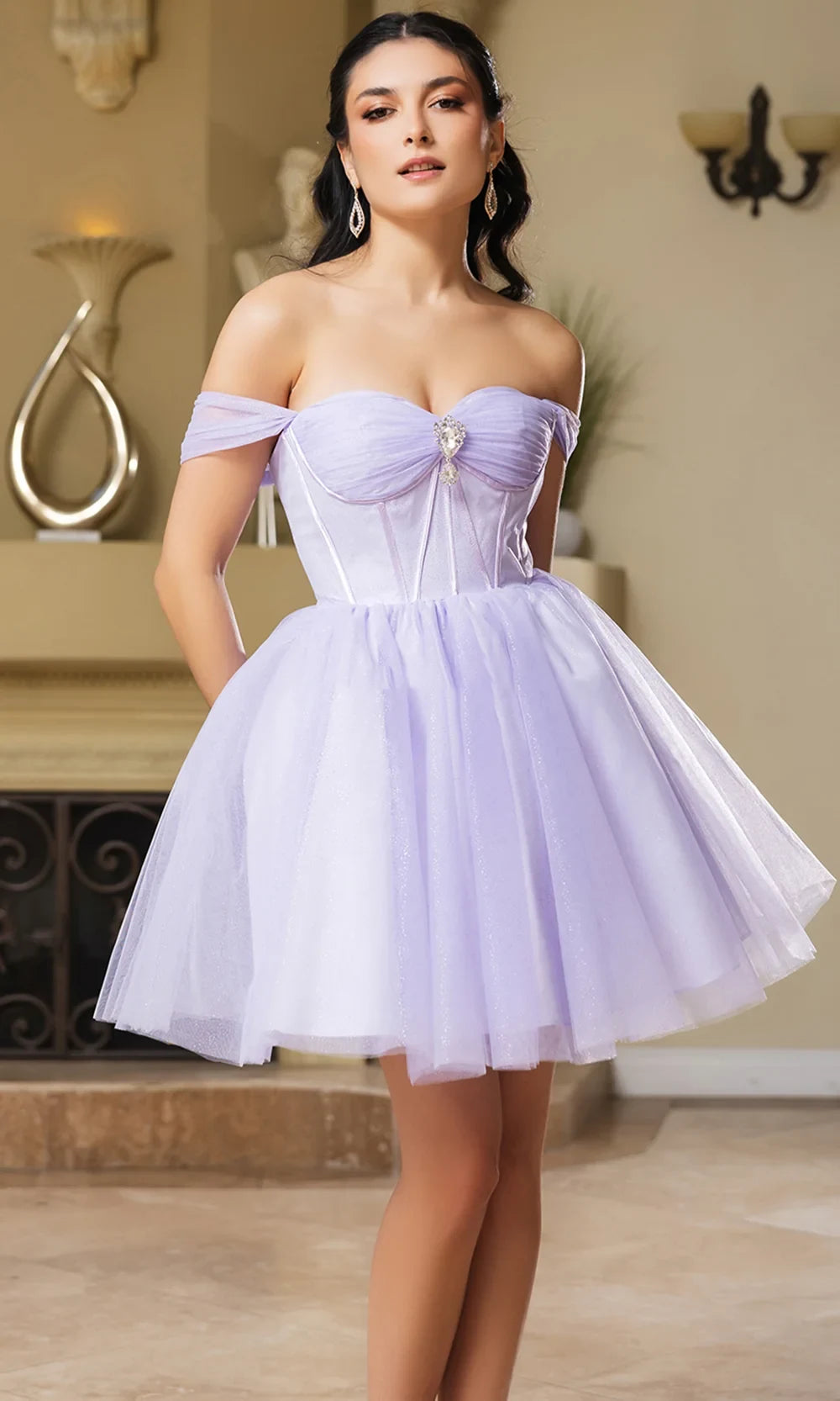 Lovely A-Line Off-Shoulder Corset Layered Lilac Short Homecoming Dress Hot Sale