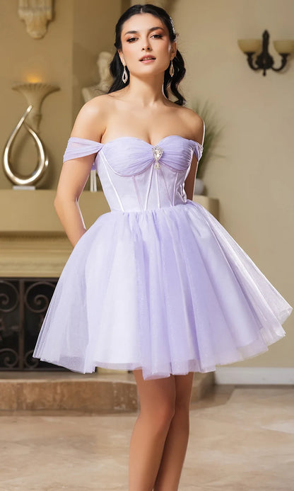 Lovely A-Line Off-Shoulder Corset Layered Lilac Short Homecoming Dress Hot Sale