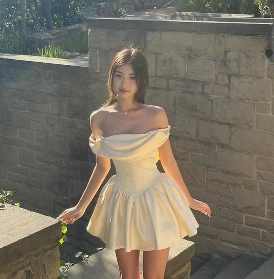 Lovely A-Line Off-Shoulder Draped Pleated Satin Light Yellow Mini Homecoming Dresses