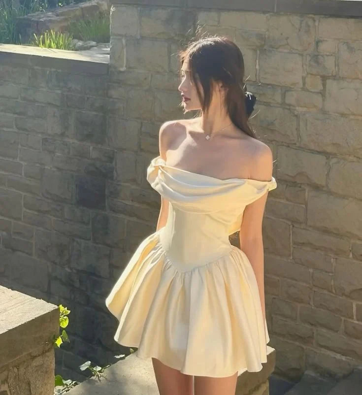 Lovely A-Line Off-Shoulder Draped Pleated Satin Light Yellow Mini Homecoming Dresses
