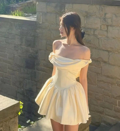 Lovely A-Line Off-Shoulder Draped Pleated Satin Light Yellow Mini Homecoming Dresses