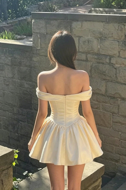 Lovely A-Line Off-Shoulder Draped Pleated Satin Light Yellow Mini Homecoming Dresses