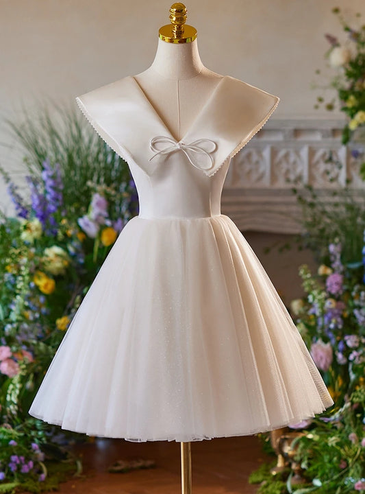 Lovely A-Line Shawl Collar Dainty Bow Glitter Tulle Ivory Short Homecoming Dresses