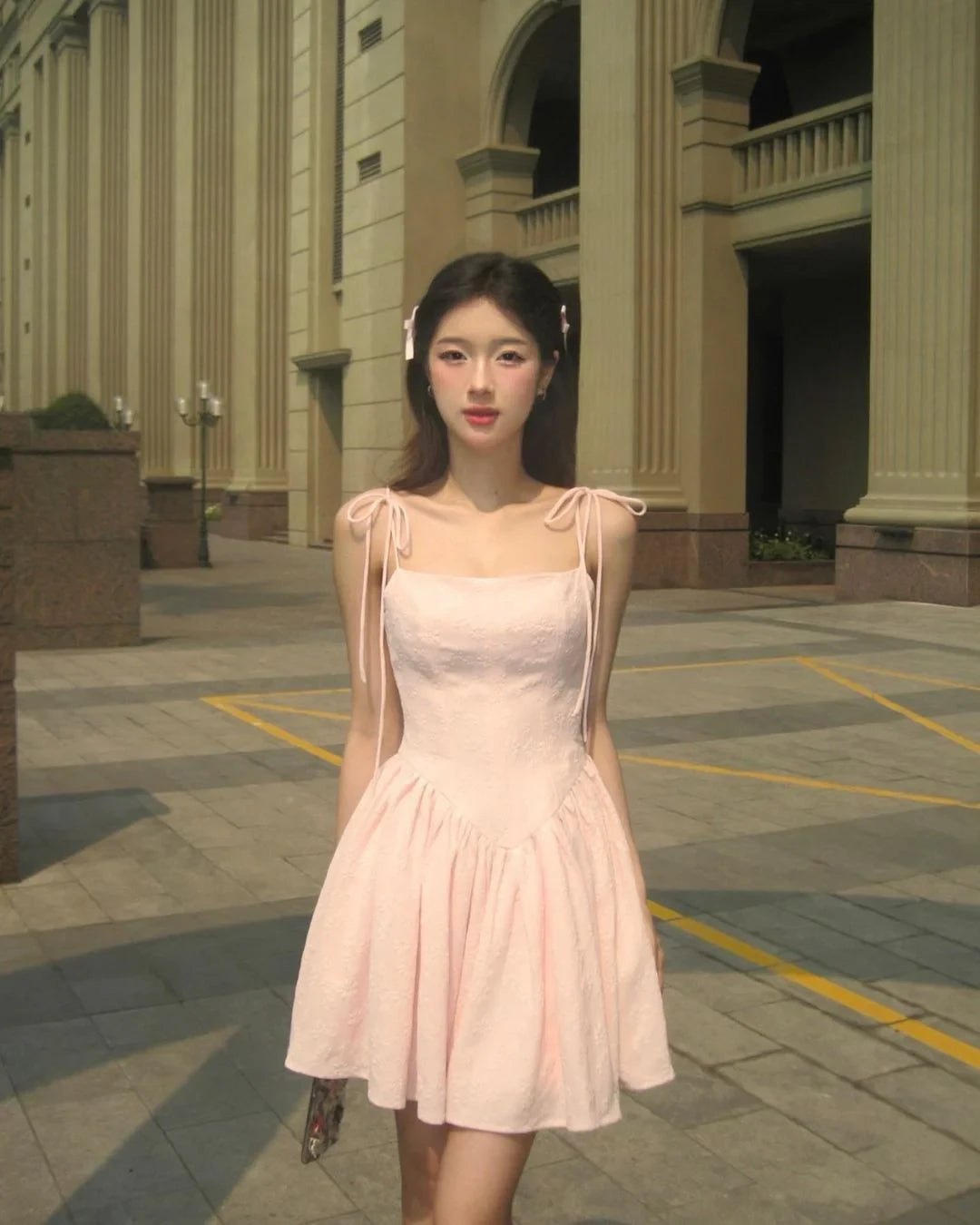 Lovely A-Line Straight Neck Tie-Strap Textured Pastel Pink Short Homecoming Dresses