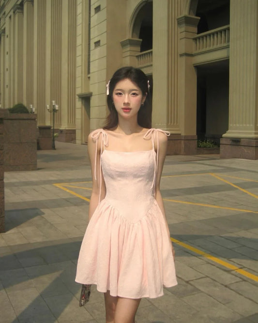 Lovely A-Line Straight Neck Tie-Strap Textured Pastel Pink Short Homecoming Dresses