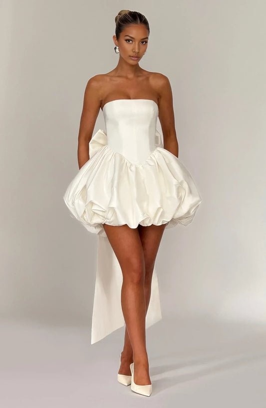 Lovely A-Line Strapless Bow-Back Bubble Hem Taffeta Ivory Mini Homecoming Dress