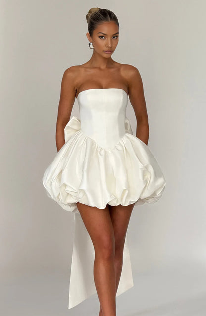 Lovely A-Line Strapless Bow-Back Bubble Hem Taffeta Ivory Mini Homecoming Dress