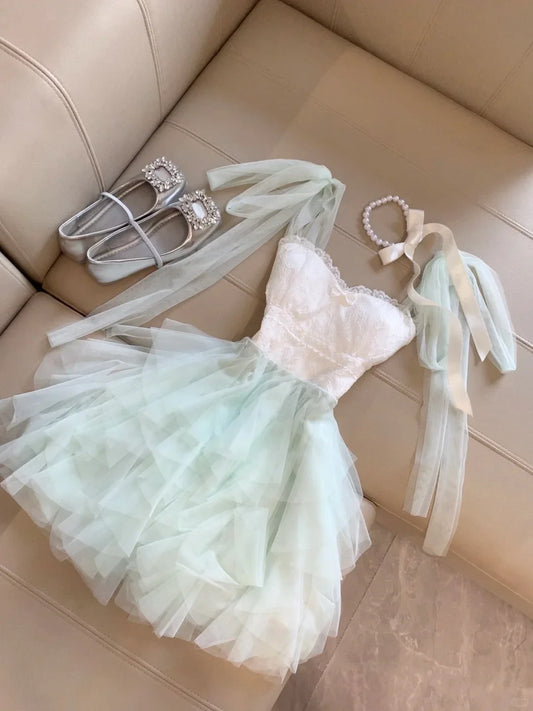 Lovely A-Line Sweetheart Layers Tulle Lace Mint Green Mini Homecoming Dresses