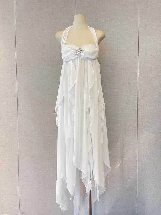 Lrregular Dresses Halter sleeveless High Waist Folds Elegant Off Shoulder Dress Female Fashion Clothing Prom Dress