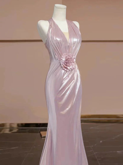Luminous Mermaid Halter-neck Sleeveless Floral Applique Iridescent Pink Floor-length Prom Dress for Women Ready to Ship