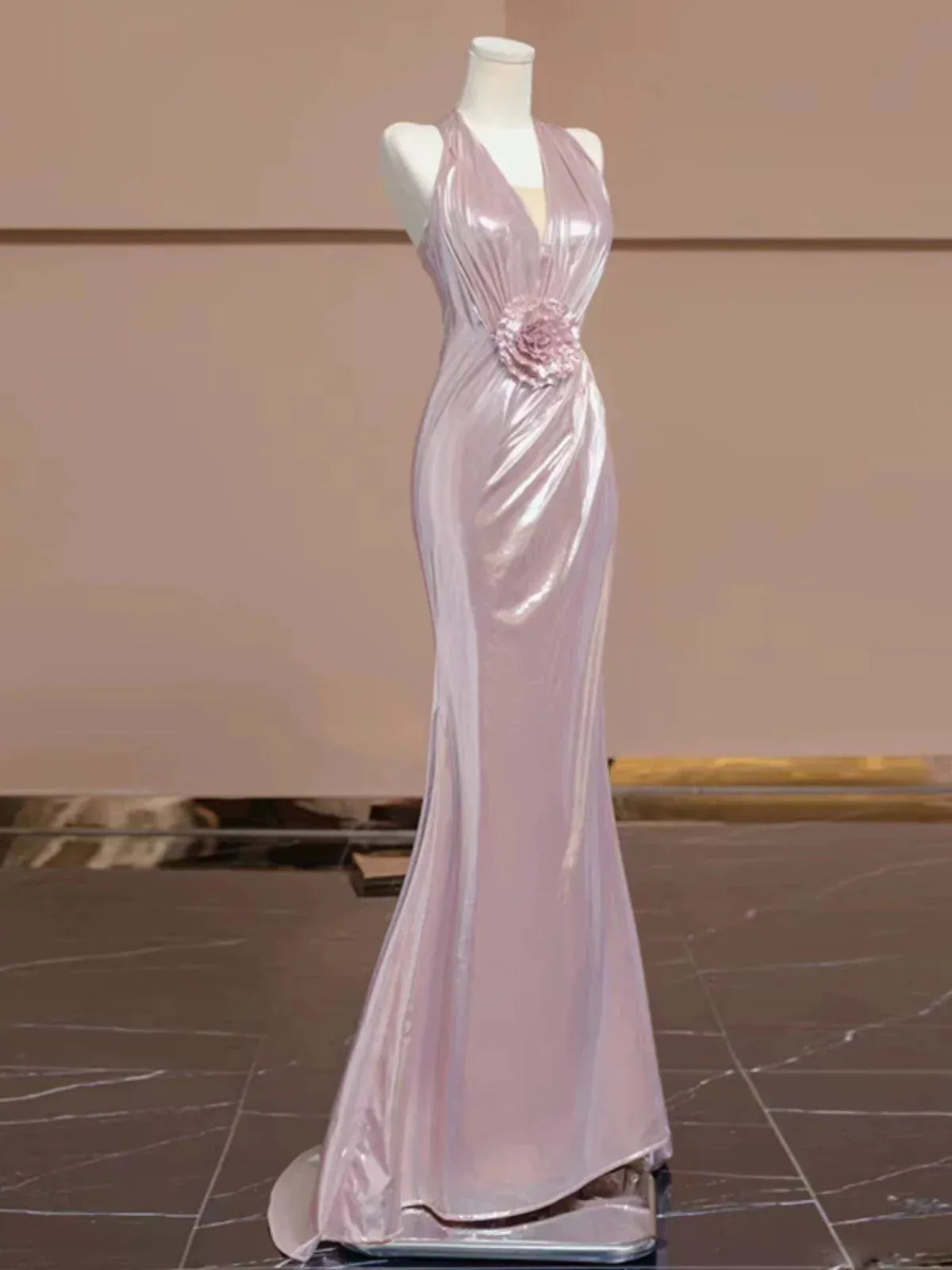 Luminous Mermaid Halter-neck Sleeveless Floral Applique Iridescent Pink Floor-length Prom Dress for Women Ready to Ship