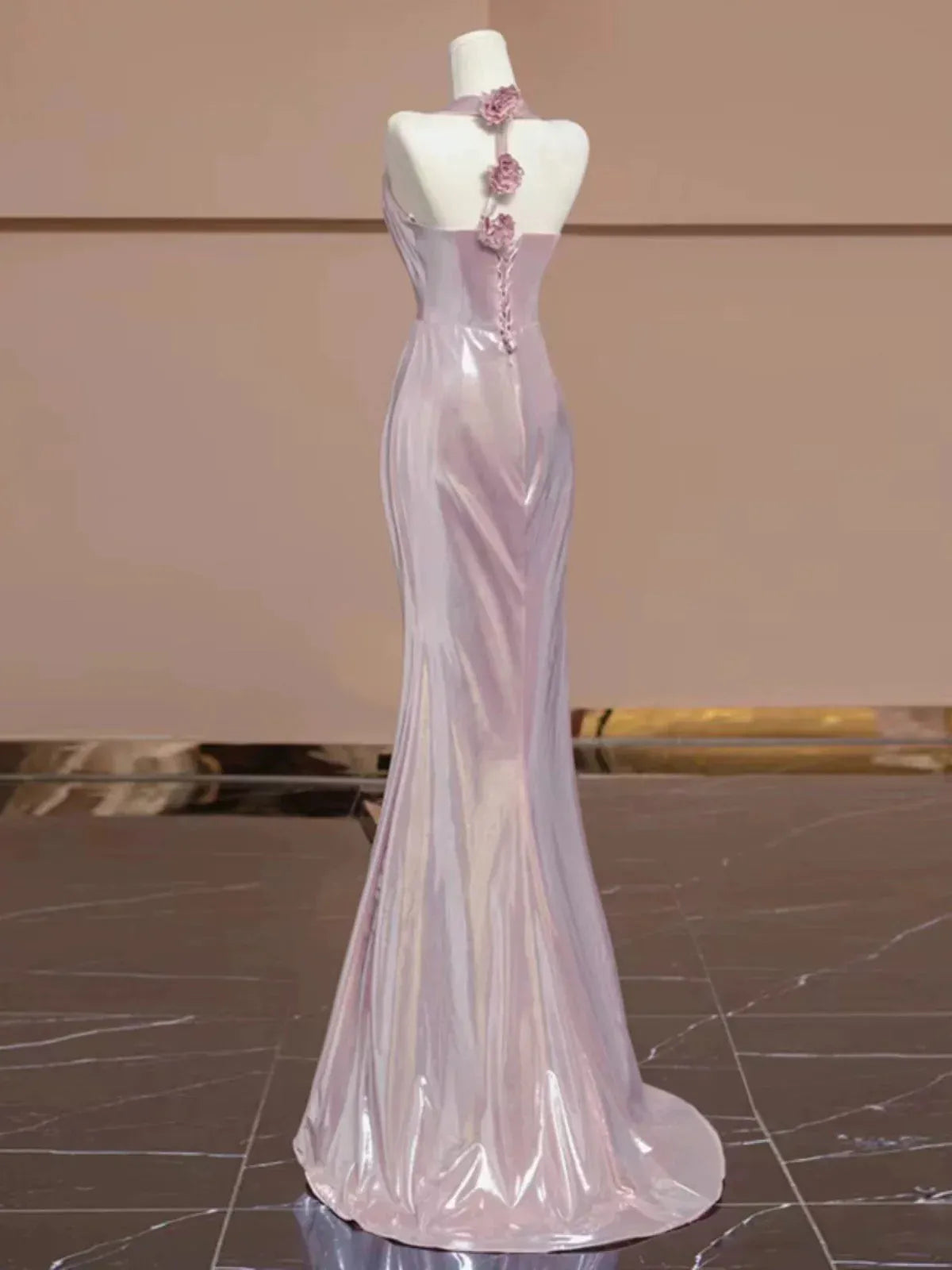 Luminous Mermaid Halter-neck Sleeveless Floral Applique Iridescent Pink Floor-length Prom Dress for Women Ready to Ship