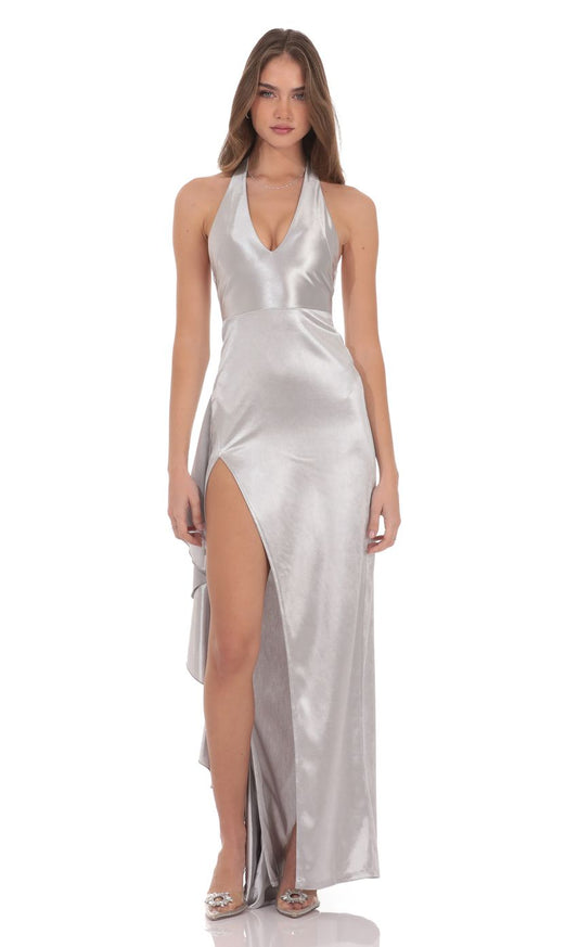 Luxe High-Low Mermaid Halter-Neck Open-Back Silver Satin Floor-Length Prom Dresses