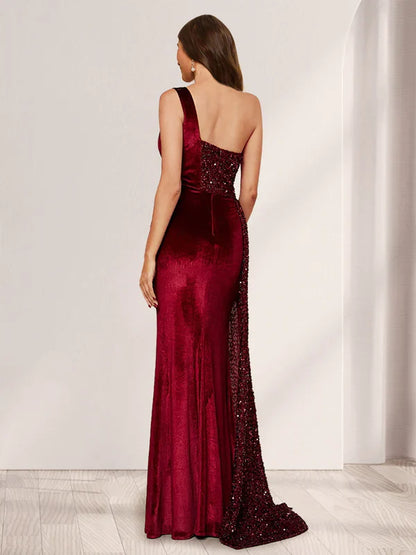 Luxe Mermaid One-Shoulder Open-Back Sequin-Velvet Burgundy Train-Floor-Length Prom Dresses