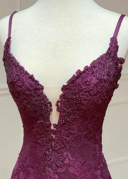 Luxe Beaded Lace Floor-Length Evening Dress Burgundy Deep-V Spaghetti-Strap for Women