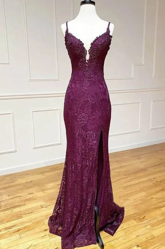 Luxe Beaded Lace Floor-Length Evening Dress Burgundy Deep-V Spaghetti-Strap for Women