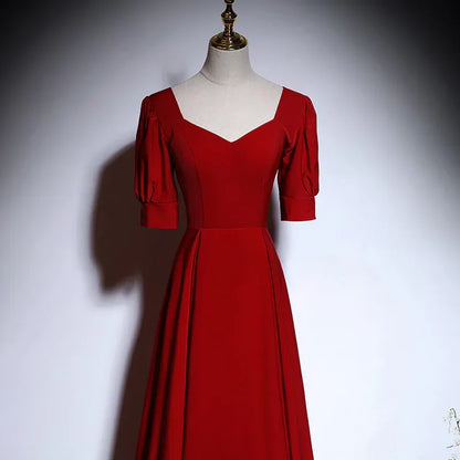 Luxe Chiffon Long Evening Dress Red Square Neck Puff Sleeve for Women