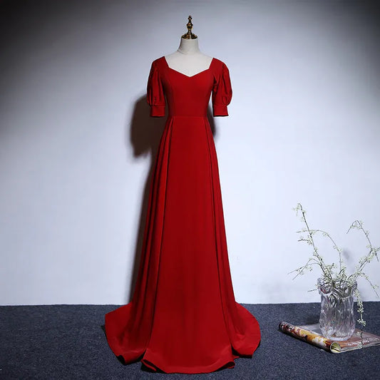 Luxe Chiffon Long Evening Dress Red Square Neck Puff Sleeve for Women