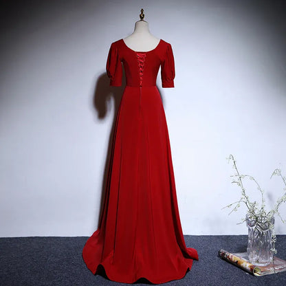 Luxe Chiffon Long Evening Dress Red Square Neck Puff Sleeve for Women
