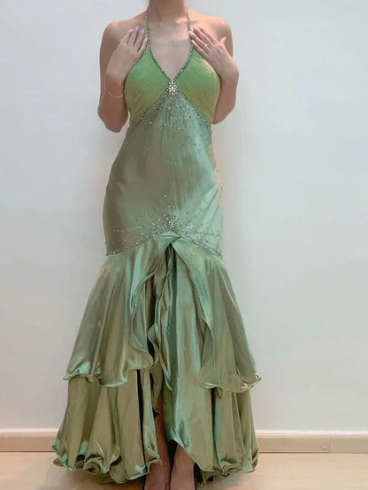 Luxe Mermaid Halter-Neck Sleeveless Beaded Satin Sage-Green Floor-Length Evening Dress for Women