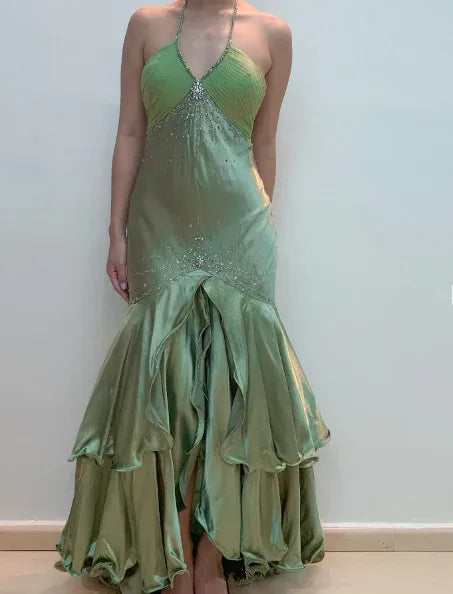 Luxe Mermaid Halter-Neck Sleeveless Beaded Satin Sage-Green Floor-Length Evening Dress for Women