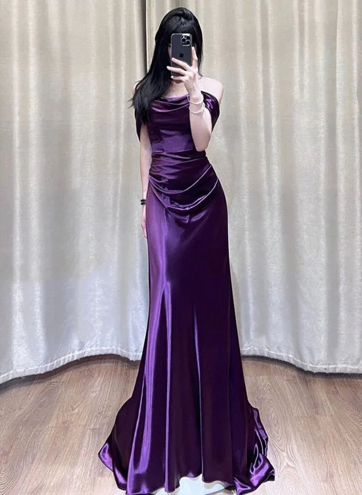 Luxe Mermaid Off-Shoulder Draped Satin Purple Maxi Evening Dress for Women