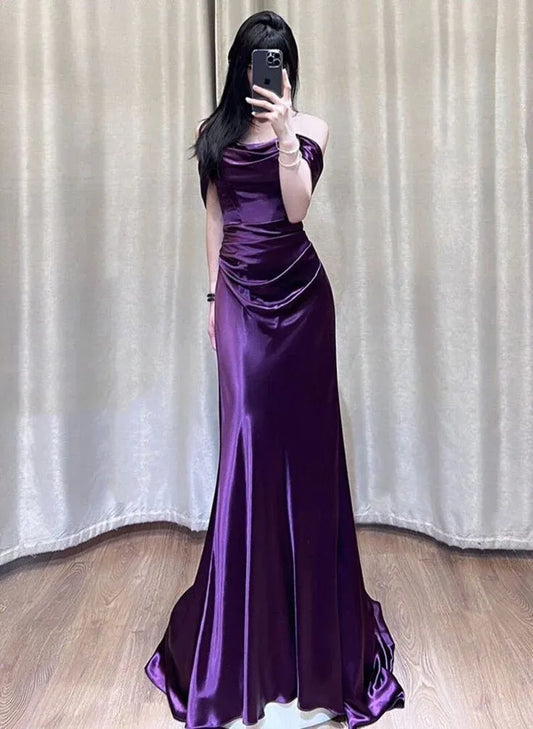 Luxe Mermaid Off-Shoulder Draped Satin Purple Maxi Evening Dress for Women