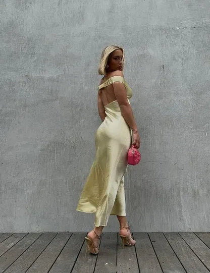 Luxe Mermaid Off-Shoulder Plunging-Back Lemon Yellow Long Prom Dress for Women Ready to Ship