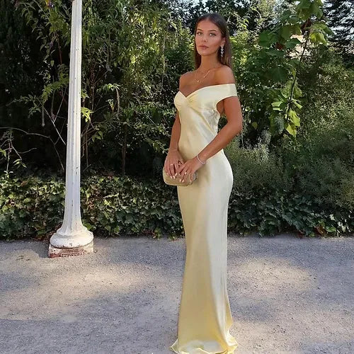 Luxe Mermaid Off-Shoulder Plunging-Back Lemon Yellow Long Prom Dress for Women Ready to Ship