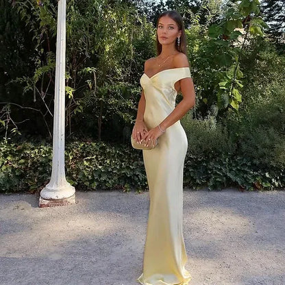 Luxe Mermaid Off-Shoulder Plunging-Back Lemon Yellow Long Prom Dress for Women Ready to Ship