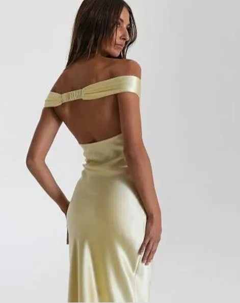 Luxe Mermaid Off-Shoulder Plunging-Back Lemon Yellow Long Prom Dress for Women Ready to Ship