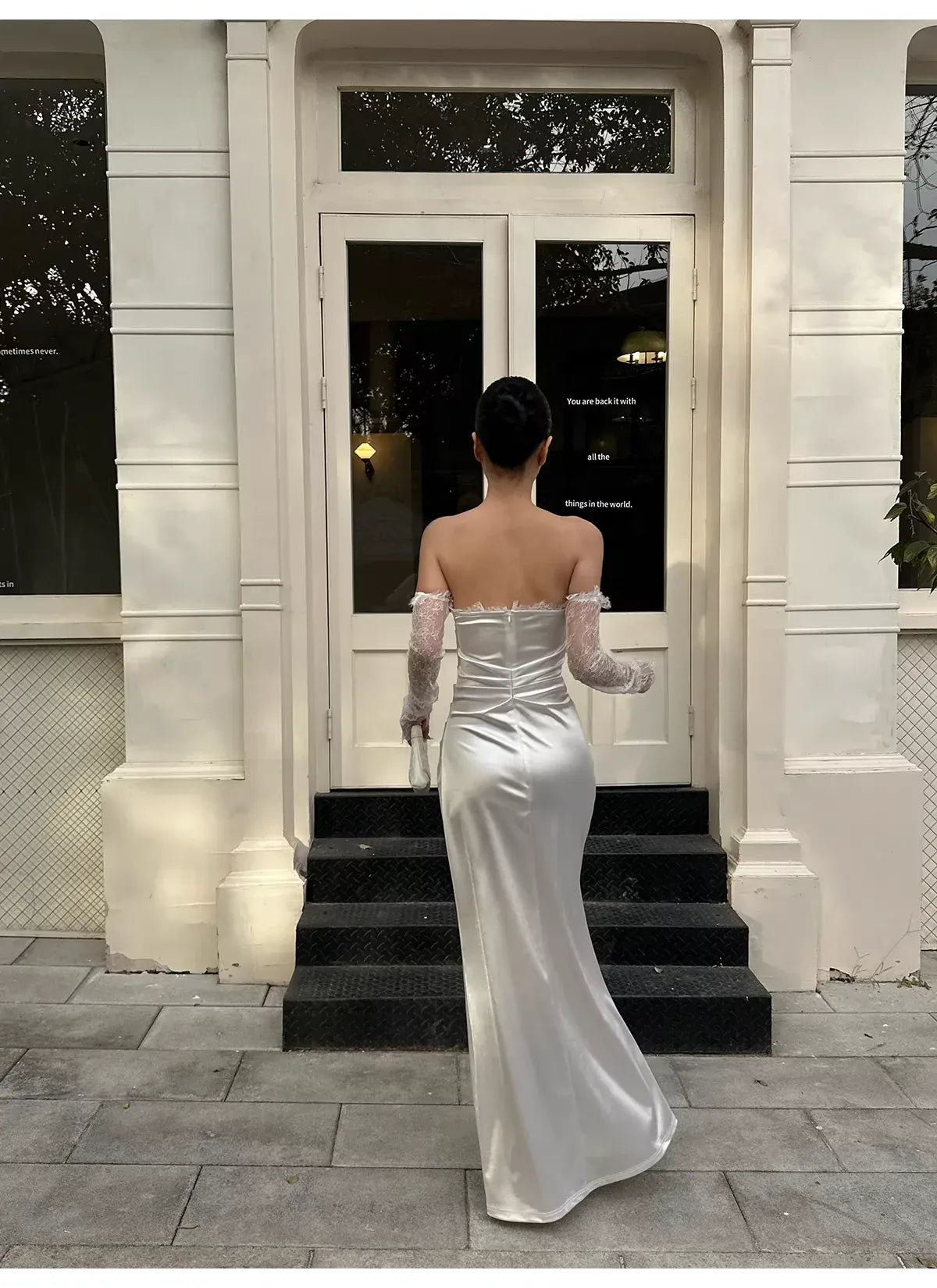 Luxe Mermaid Strapless Detachable-Lace-Sleeved Ruched White Floor-Length Prom Dress For Women Custom