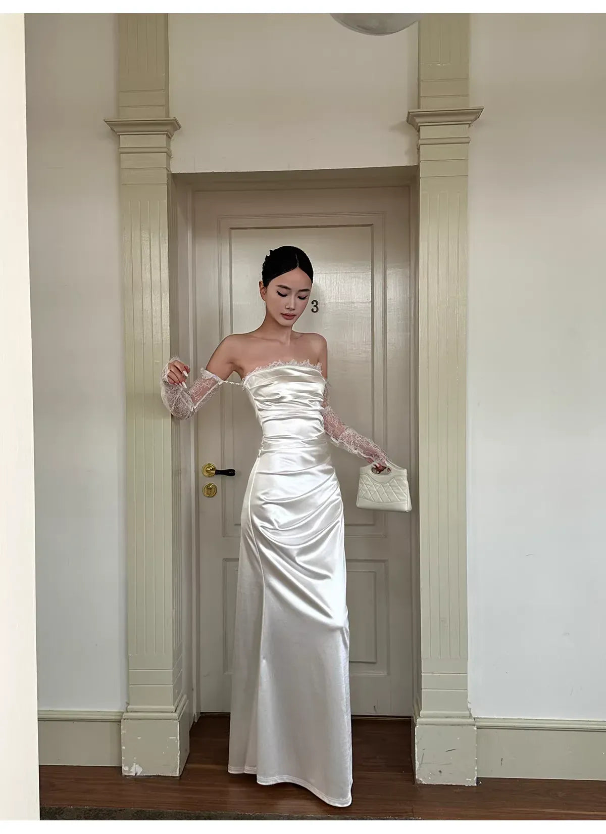 Luxe Mermaid Strapless Detachable-Lace-Sleeved Ruched White Floor-Length Prom Dress For Women Custom