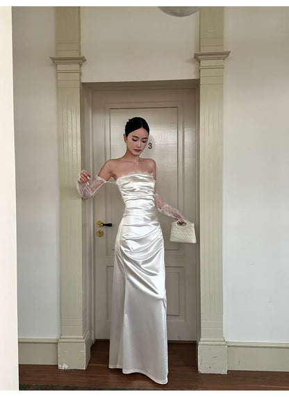 Luxe Mermaid Strapless Detachable-Lace-Sleeved Ruched White Floor-Length Prom Dress For Women Custom