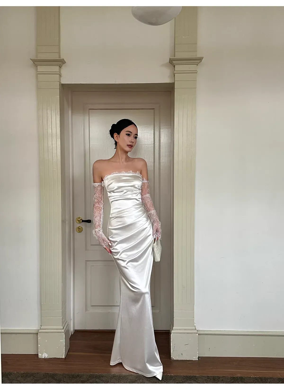 Luxe Mermaid Strapless Detachable-Lace-Sleeved Ruched White Floor-Length Prom Dress For Women Custom