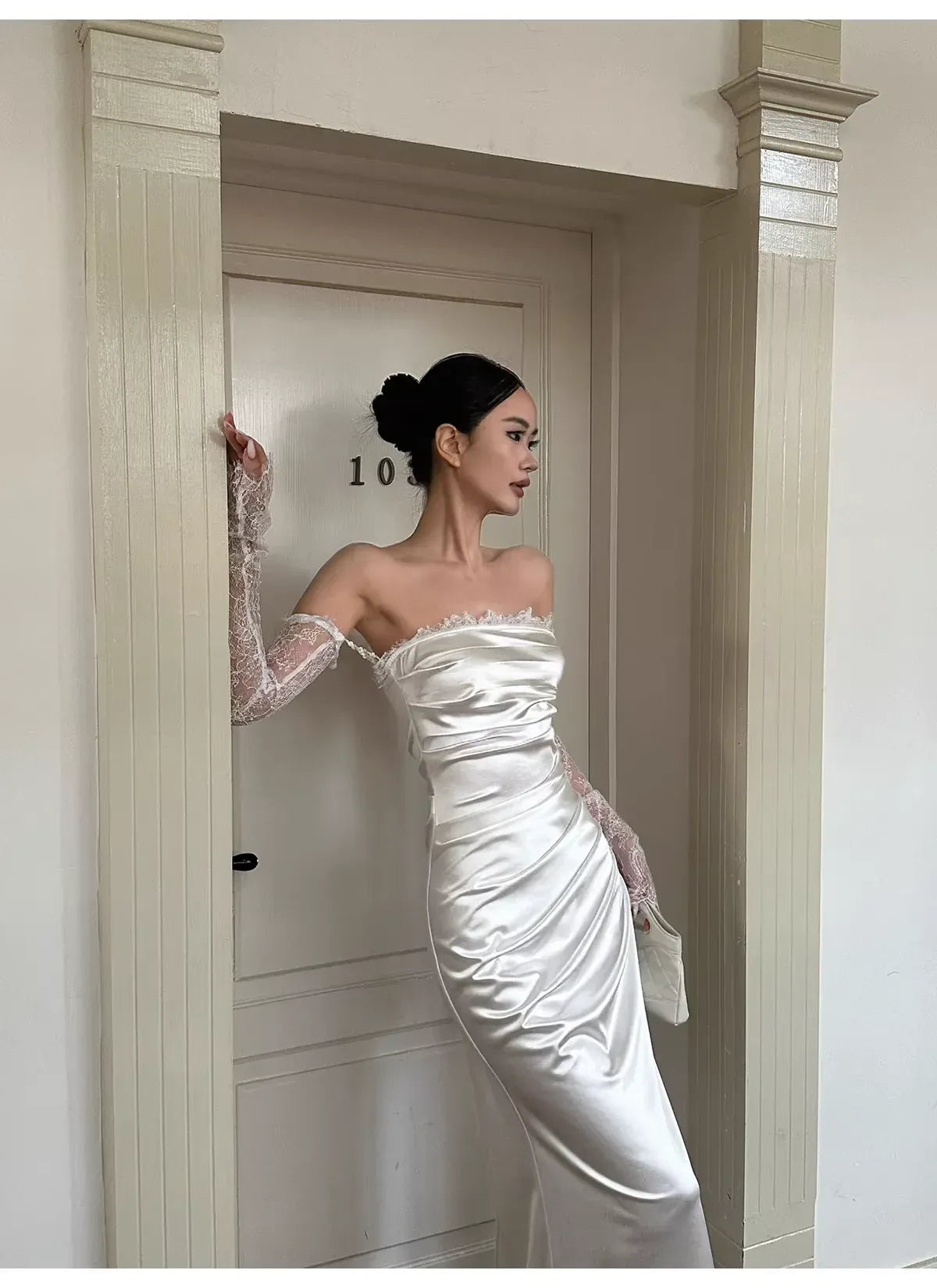 Luxe Mermaid Strapless Detachable-Lace-Sleeved Ruched White Floor-Length Prom Dress For Women Custom