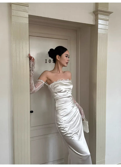 Luxe Mermaid Strapless Detachable-Lace-Sleeved Ruched White Floor-Length Prom Dress For Women Custom