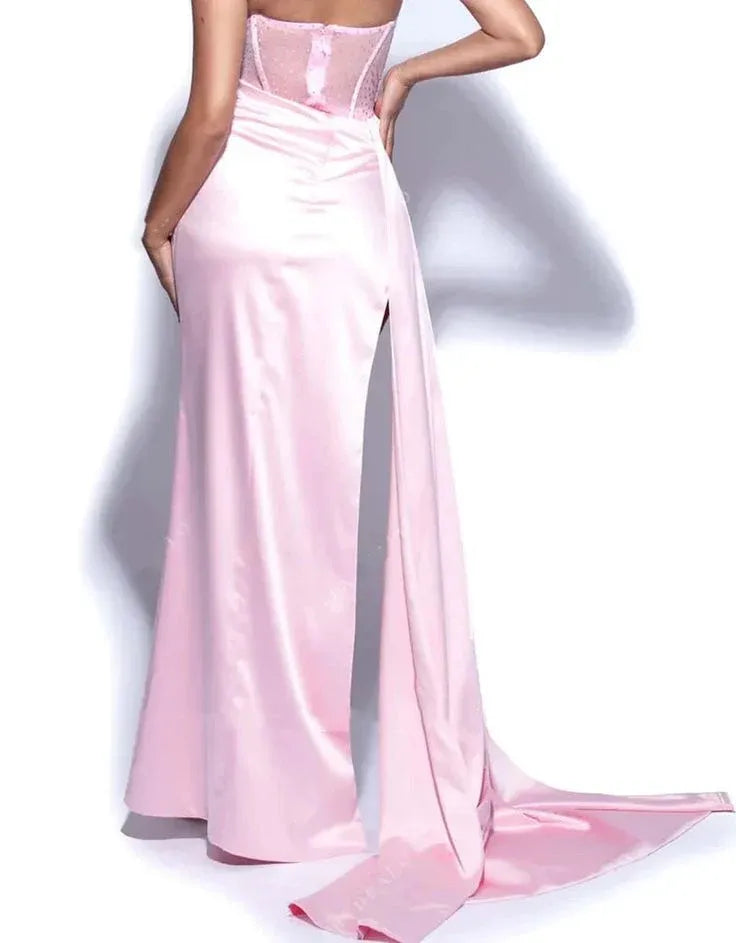 Luxe Mermaid Strapless Ruched-Satin Blush Floor-Length Train Evening Dress for Women