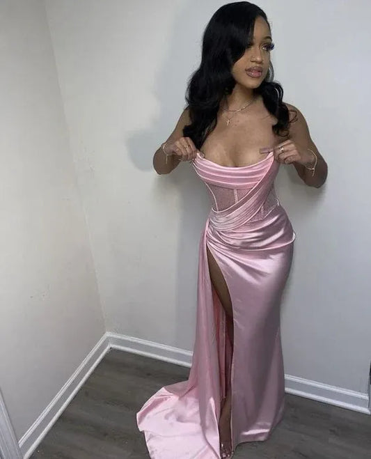 Luxe Mermaid Strapless Ruched-Satin Blush Floor-Length Train Evening Dress for Women