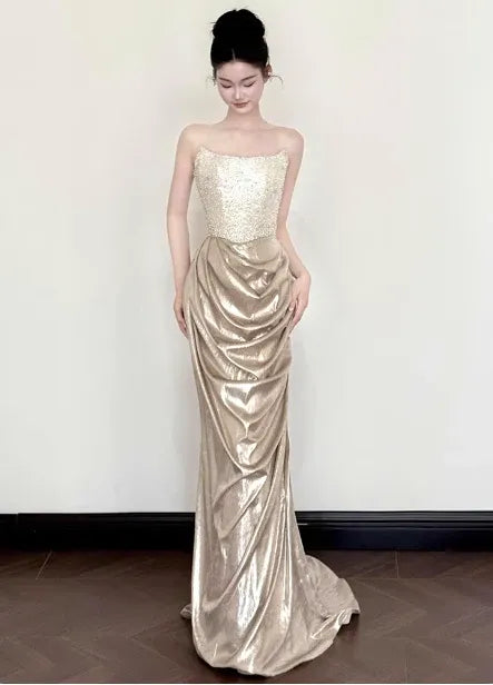Luxe Mermaid Sweetheart-Neck Sleeveless Sequin-Accented Gold Maxi Prom Dress for Women Custom