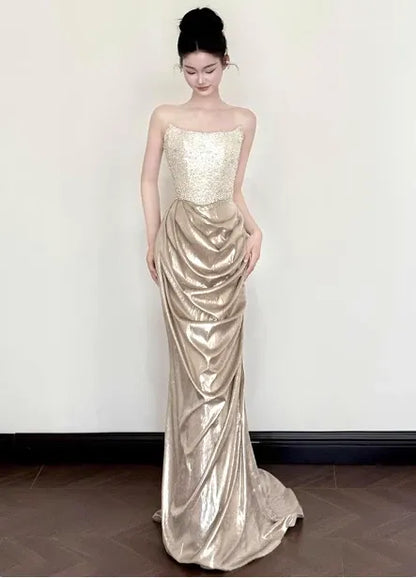 Luxe Mermaid Sweetheart-Neck Sleeveless Sequin-Accented Gold Maxi Prom Dress for Women Custom