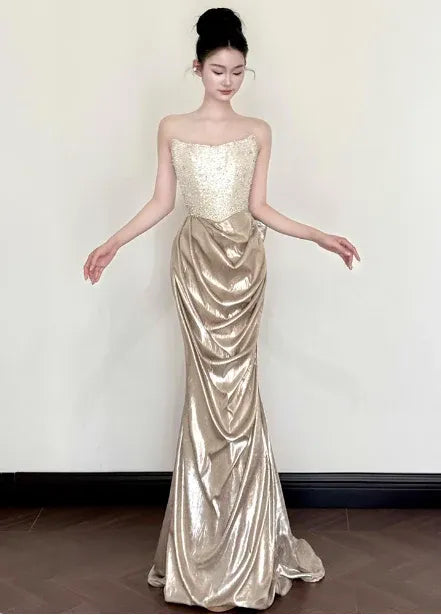 Luxe Mermaid Sweetheart-Neck Sleeveless Sequin-Accented Gold Maxi Prom Dress for Women Custom