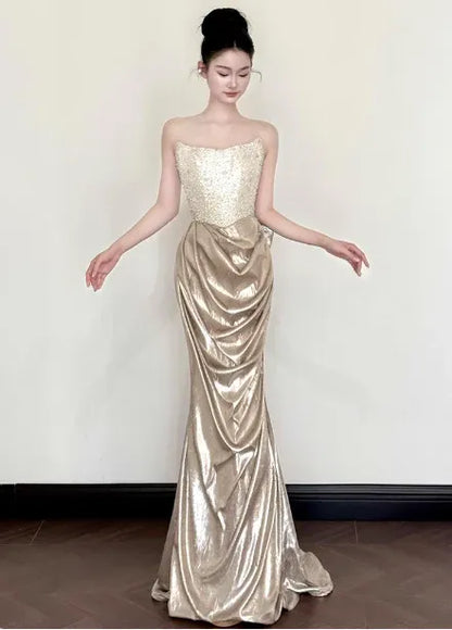 Luxe Mermaid Sweetheart-Neck Sleeveless Sequin-Accented Gold Maxi Prom Dress for Women Custom