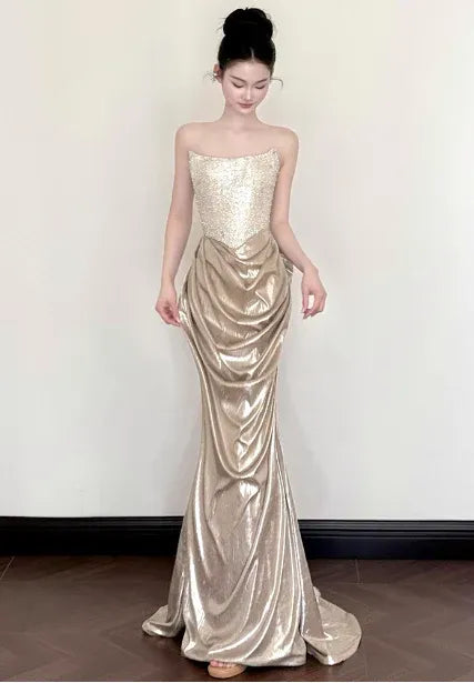 Luxe Mermaid Sweetheart-Neck Sleeveless Sequin-Accented Gold Maxi Prom Dress for Women Custom