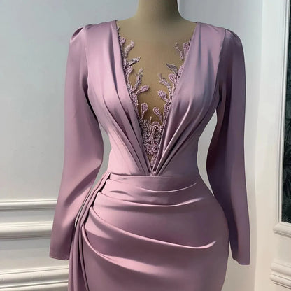 Luxe Mermaid V-Neck Long-Sleeve Beaded Satin Lavender Floor-Length Evening Dress for Women