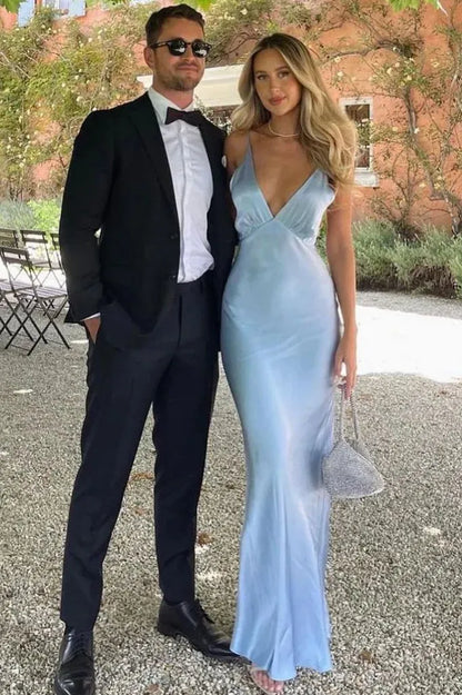 Luxe Mermaid V-Neck Sleeveless Backless Sky Blue Maxi Prom Dress for Women Hot Sale