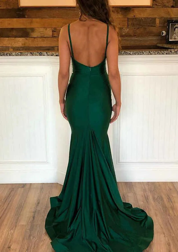 Luxe Satin Floor-Length Evening Dress Emerald Green Deep V Spaghetti-Strap Women