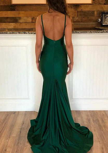 Luxe Satin Floor-Length Evening Dress Emerald Green Deep V Spaghetti-Strap Women