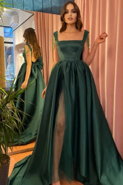 Luxe Satin Floor-Length Evening Dress Emerald Square-Neck Beaded-Sleeve Formal Women